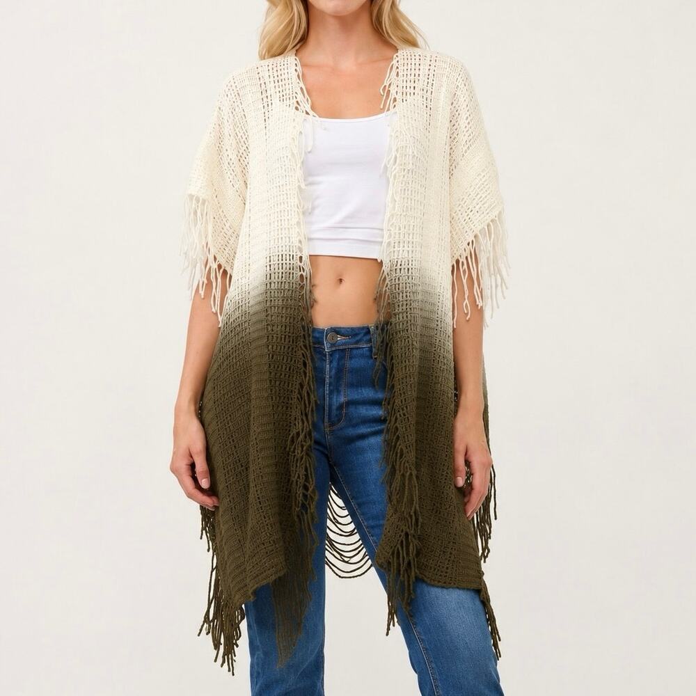 Raj Irina Green and Cream Ombre Crochet Kimono Ruana Fringe One Size Boho NWOT